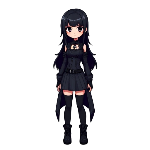 64 bit 2d female pixel character full body model black hair gothic outfit,