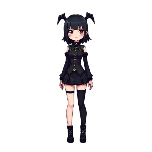 64 bit 2d female pixel character full body model black hair gothic outfit,