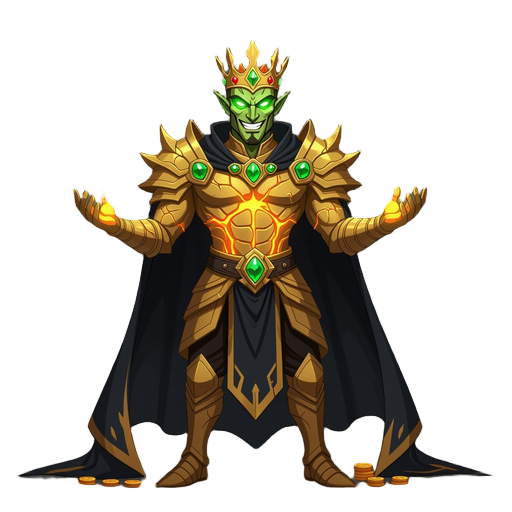 greed sin demon lord, tall humanoid male with golden cracked skin, glowing emerald eyes, wearing a half-melted crown and royal armor made of gold and jewels, his veins glow with molten gold, long black cloak with golden edges, arrogant smirk, surrounded b