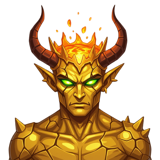 greed demon boss, humanoid figure with cracked golden skin, molten crown fused into head, eyes glowing emerald green,