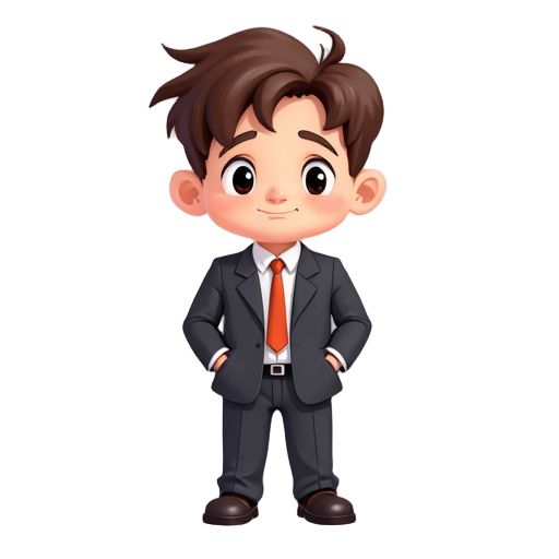 boy pix art with black eyes, brown hair and office costume