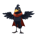 crow character with a cape that transforms into wings when jumping and without a right arm