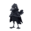 crow character with a cape that transforms into wings when jumping and without a right arm