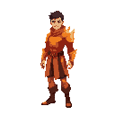  no head, fiery red and orange outfit, glowing ember effects on body man