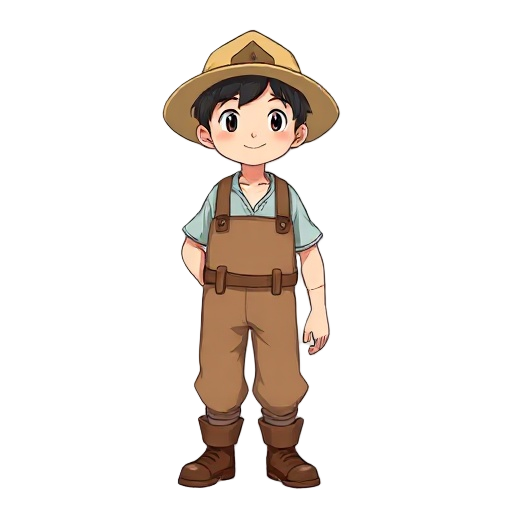 anime boy farmer, studio ghibli style, white background, full view, idle pose, full body visible