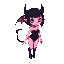 a goth demon girl with pink skin and using a black short hair, using a black leotard.