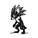 "create a 16x16 true 8-bit pixel art of an aggressive aye-aye sprite. black pixels on white background only. side view with attack posture - slightly hunched body, pointed ears angled back, simp