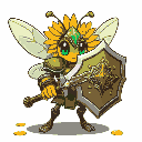 cool fly wearing sunflower armor holding a leak sword and shield
