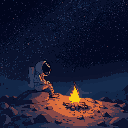 a solitary astronaut sits on a rocky surface, illuminated by the flickering flames of a small campfire, creating a warm contrast against the dark, starry expanse of space above. 