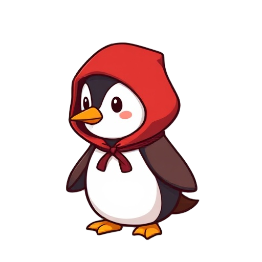 a cute cartoon penguin character wearing a big red hooded cloak, side view, simple bold outlines, flat shading, smooth vector style, small orange beak, tiny feet, and a fluffy brown tail. the design should look like a stylized game character icon, clean a