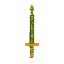 a golden-green chinese sword with a simple symmetrical shape like an obelisk, engraved with an intricate geometric pattern, with 6 chinese characters written on the blade near the hilt