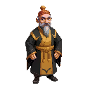 bald chinese eunuch servant, wearing gold and black robes robes, with a red hat.