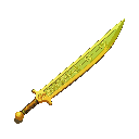 a golden-green chinese sword with a simple shape like an obelisk, engraved with an intricate geometric pattern, with 6 chinese characters written on the blade near the hilt