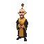 bald chinese eunuch servant, wearing gold and black robes robes, with a red hat.