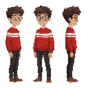young male character with dark ash-brown hair, wearing a crimson red sweater with white stripes, black pants, and brown shoes. he has pale skin and wears grayish glasses