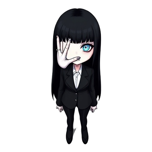 a mysterious female character wearing a black suit, long straight black hair reaching the middle of her back with bangs, very pale skin. on her face, instead of the left eye, there is a hand growing from the socket — elegant and slender, fingers opening l