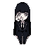 a mysterious female character wearing a black suit, long straight black hair reaching the middle of her back with bangs, very pale skin. on her face, instead of the left eye, there is a hand growing from the socket — elegant and slender, fingers opening l