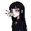a mysterious female character wearing a black suit, long straight black hair reaching the middle of her back with bangs, very pale skin. on her face, instead of the left eye, there is a hand growing from the socket — elegant and slender, fingers opening l