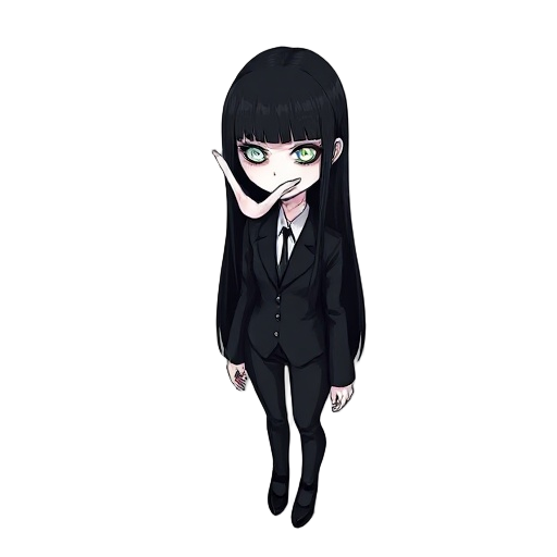 a mysterious female character wearing a black suit, long straight black hair reaching the middle of her back with bangs, very pale skin. on her face, instead of the left eye, there is a hand growing from the socket — elegant and slender, fingers opening l