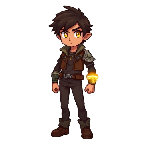 2d pixel sprite of zeyl solen arven, 18. lean build, tan skin, messy dark brown hair, glowing golden eyes. wears short brown jacket with light armor, dark shirt, slim pants, boots. right wrist has glowing golden band (g-class band). look: determined, kind