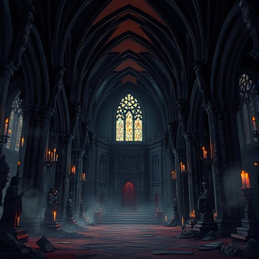 dark ruined cathedral with looping arches, broken pillars, weeping statues, flickering candles, fog layers, ash drifting, glowing stained glass — seamless gothic parallax background.