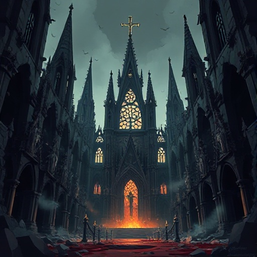ruined cathedral with cracked spires, bleeding statues, floating ash, sacred symbols, dim stained glass light, foggy air, and echoing hymns — dark, divine, sorrowful, blasphemous vibe.
