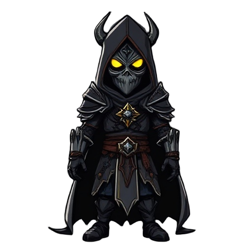 silent masked warrior in tattered gothic armor, glowing eyes, cursed relic on chest, ash-trailing cloak, solemn stance, dark cathedral backdrop, sorrowful divine aura, blasphemous style.
