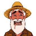 a portrait of a man in a straw hat, with a shaggy white beard,  missing teeth. he is in pain and bleeding from a tooth extraction.. ega color scheme, oregon trail style
