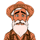 a portrait of a man in a straw hat, with a shaggy white beard,  missing teeth. he seems sad and distracted. ega color scheme, oregon trail style