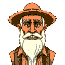 a portrait of a man in a straw hat, with a shaggy white beard,  missing teeth. his face seems suspicious. ega color scheme, oregon trail style