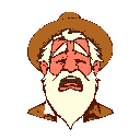 a portrait of a man in a straw hat, with a shaggy white beard, with no teeth. he is yawning. ega color scheme, oregon trail style