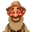 an old, gaunt man dressed as a gold prospector. he has a full, unkempt beard, a weathered face, and a broad smile revealing many missing teeth.