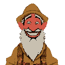 an old, gaunt man dressed as a gold prospector. he has a full, unkempt beard, a weathered face, and a broad smile revealing many missing teeth.