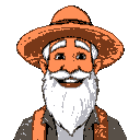 a portrait of a man in a straw hat, with a shaggy white beard,  missing teeth. he seems happy. ega color scheme, oregon trail style