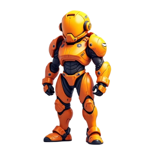 high‑resolution top‑down 2d character of a futuristic armored gunner soldier in a neutral pose. the soldier wears modular armour plates (helmet, chest, pauldrons, gauntlets, boots) with smooth surfaces and thick outlines. colour palette is warm oranges an