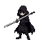 dark warrior with black cloak and hood with a long sword