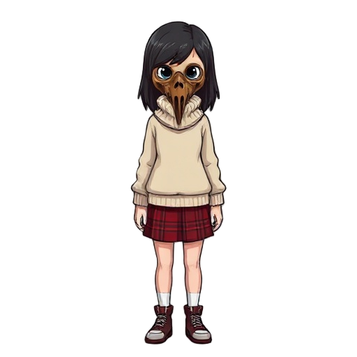 girl survival horror white or beige sweater with a high collar that reaches to the waist.silent hill weighing style wearing a red plaid skirt also wearing a brown plague doctor mask make the mask more