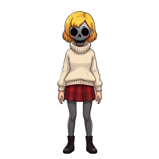 tall womsurvival horror white beige sweater with a high collar that reaches to the waist. weighing style wearing a red plaid skirt also wearing short yellow hair color black death mask