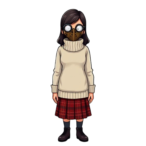 a womsurvival horror white or beige sweater with a high collar that reaches to the waist.silent hill weighing style wearing a red plaid skirt also wearing a brown plague doctor mask with glasses and a
