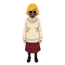 tall womsurvival horror white beige sweater with a high collar that reaches to the waist. weighing style wearing a red plaid skirt also wearing short yellow hair color black death mask 