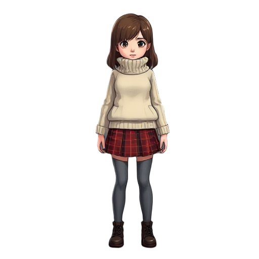 girl survival horror white or beige sweater with a high collar that reaches to the waist.silent hill weighing style wearing a red plaid skirt 
