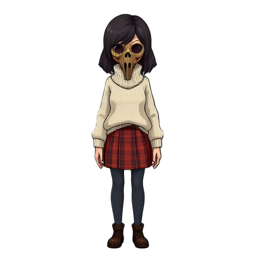 girl survival horror white or beige sweater with a high collar that reaches to the waist.silent hill weighing style wearing a red plaid skirt also wearing a brown plague doctor mask 