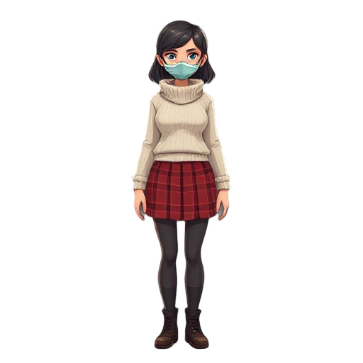 tall womsurvival horror white beige sweater with a high collar that reaches to the waist. weighing style wearing a red plaid skirt also wearing mask 