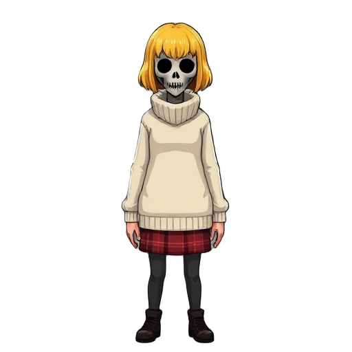 tall womsurvival horror white beige sweater with a high collar that reaches to the waist. weighing style wearing a red plaid skirt also wearing short yellow hair color black death mask 