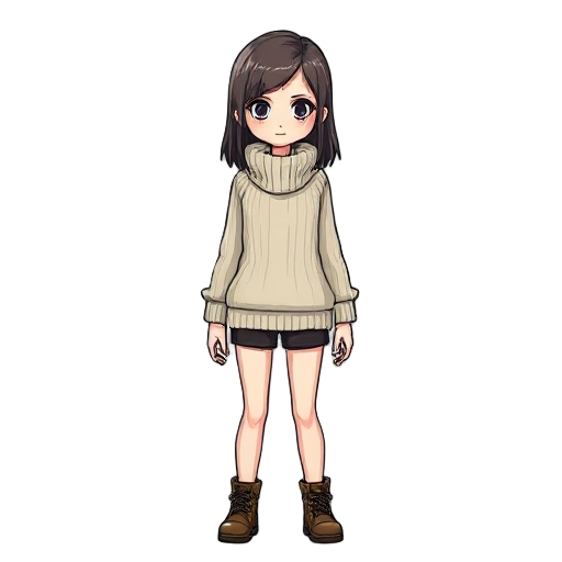 girl survival horror white or beige sweater with a high collar that reaches to the waist.silent hill weighing style 