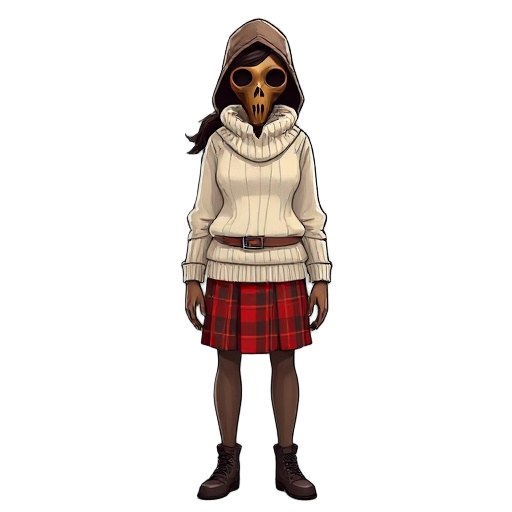 tall womsurvival horror white beige sweater with a high collar that reaches to the waist. weighing style wearing a red plaid skirt also wearing a brown plague doctor mask 