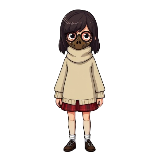 girl survival horror white or beige sweater with a high collar that reaches to the waist.silent hill weighing style wearing a red plaid skirt also wearing a brown plague doctor mask with glasses and a