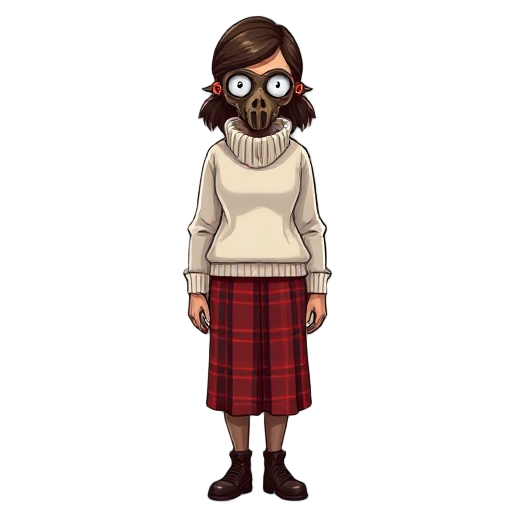 tall womsurvival horror white beige sweater with a high collar that reaches to the waist. weighing style wearing a red plaid skirt also wearing a brown plague doctor mask with round glasses