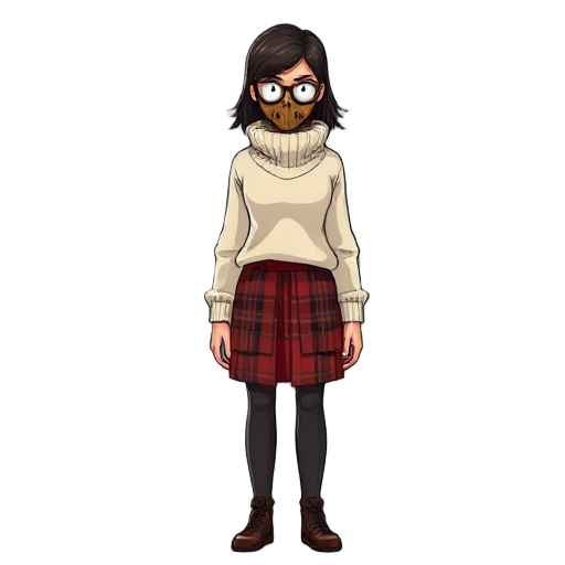 tall womsurvival horror white beige sweater with a high collar that reaches to the waist.silent hill weighing style wearing a red plaid skirt also wearing a brown plague doctor mask with glasses and a