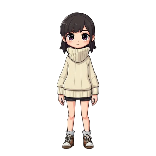 girl survival horror white or beige sweater with a high collar that reaches to the waist.